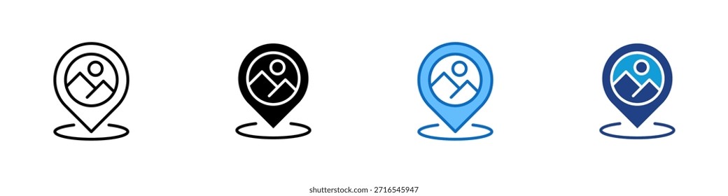 Travel Location Multiple Style Icon Design Vector - Map pin with mountain symbol representing travel destination, tourism, and adventure location