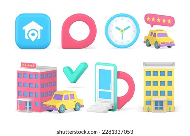 Travel location position direction tourism hotel destination map pin pointer set 3d icon realistic vector illustration. Touristic distance navigation smartphone app booking guide countdown taxi car