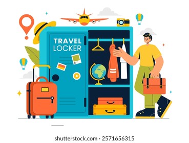 Travel Locker Vector Illustration Featuring Baggage Storage, Luggage Keeping Services and Secure Metal Boxes for Protection and Safety in a Background