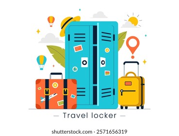 Travel Locker Vector Illustration Featuring Baggage Storage, Luggage Keeping Services and Secure Metal Boxes for Protection and Safety in a Background