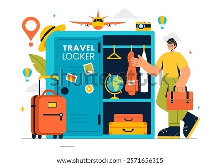 Travel Locker Vector Illustration Featuring Baggage Storage, Luggage Keeping Services and Secure Metal Boxes for Protection and Safety in a Background