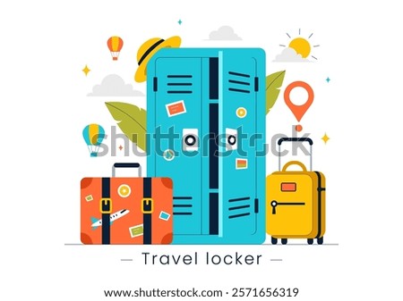 Travel Locker Vector Illustration Featuring Baggage Storage, Luggage Keeping Services and Secure Metal Boxes for Protection and Safety in a Background