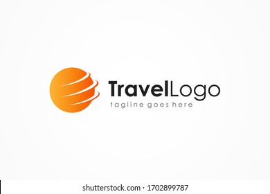 Travel Logo. Abstract Flight Waves around World Globe isolated on White Background. Flat Vector Logo Design Template Element.