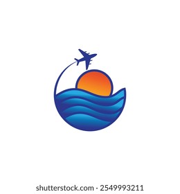 travel logo airplane illustration circle sea sunset design vector color