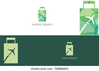 Travel logo. Bag with airplane vector design icon.