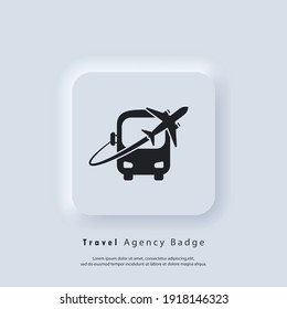 Travel logo. Bus and plane icon. Travel agency badge logo. Vector EPS 10. UI icon. Neumorphic UI UX white user interface web button. Neumorphism