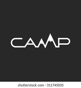 Travel logo, camp word lettering, travel agency black and white emblem, outdoor symbol for print t-shirt