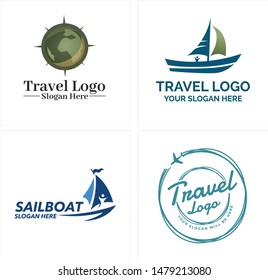 Travel logo with compass sailboat and plane line circle for symbol holiday sea world agency