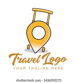 Travel logo with creative pin suitcase concept for your tour business or holiday vacation adventure tourism design 