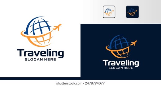 Travel Logo Design. Abstract globe with airplane logo design graphic symbol icon vector