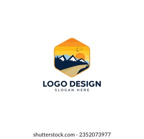 Travel logo design, Abstract mountain logo design, river plam tree design on luxury background, sunset concept, travel logo design with black background.