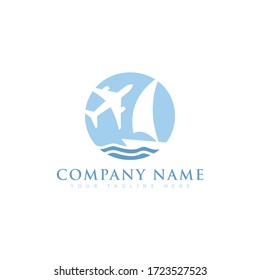 Travel logo design concept with airplane and sail boat in negative space technique design. Travel agency logo design vector illustration