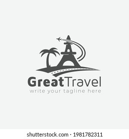 travel logo design with Eiffel tower. The concept for airplane. 