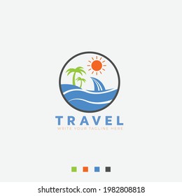 Travel logo design with landscape, concept for natural, sea, boat, sun.