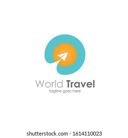 travel logo design, a paper airplane icon on a journey around the world