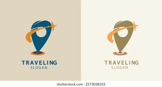 Travel Logo Design. Precise location logo with globe and plane abstract logo design, minimalist vector icon graphic symbol