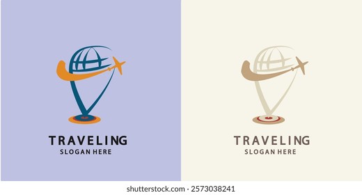 Travel Logo Design. Precise location logo with globe and plane abstract logo design, minimalist vector icon graphic symbol