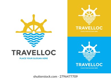 Travel logo design with ship helm, sun, and water waves symbol.