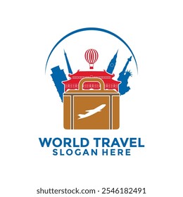 Travel Logo design template, World Tour Travel logo with tourism icons from various countries and Travel Bag vector design