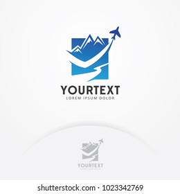Travel logo design. Vector logo design for travel agencies, tours, tickets, vacations. Flight plane with mountain and river views. Vector template