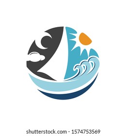 travel logo design vector illustration. beach sun wave summer traveling symbol concept