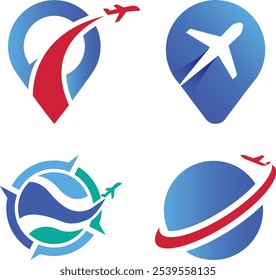 Travel logo design with vector plane globe and location marker icons swoosh