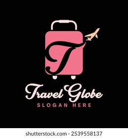 Diseño del logotipo del viaje con el plano del Vector y los iconos del bolso