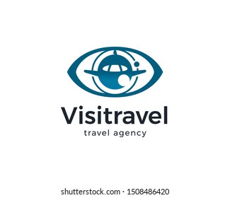 Travel logo design. vector symbol of eye with plane as pupil
