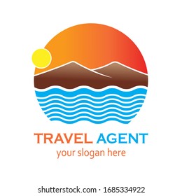 Travel logo design vector. Vacation logo design. Mountain Sea.