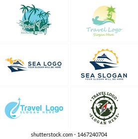 Travel logo design with yacht plane splash water and palm suitable for beach holiday sea navigation