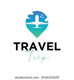 travel logo featuring an airplane flying above clouds, set within a location pin