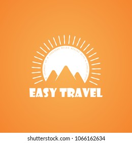 Travel Logo in flat style with mountains on the sunset background, in black and white colors