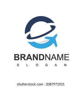 Travel Logo, Flying Airplane With Planet Symbol