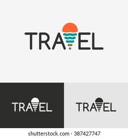 Travel logo with the geo tag, symbol of the sun and the sea