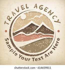 Travel logo, grunge round symbol with stylized landscape and text, concept sign for travel agency. Vector illustration.