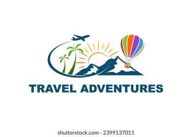 Travel logo, holiday trip, mountain view, airplane and hot air balloon tour.