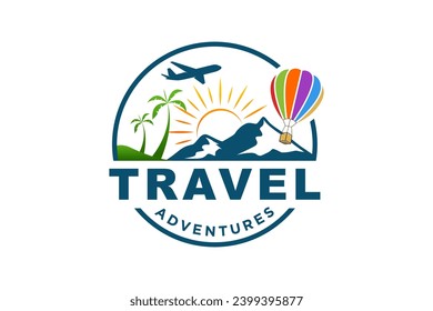 Logotipo de viaje, viaje de vacaciones, vista de montaña, viaje en avión y globo aerostático.