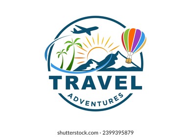 Travel logo, holiday trip, mountain view, airplane and hot air balloon tour.