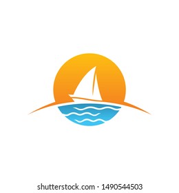 Travel Logo Icon Design Vector Ship Sun Boat Sea