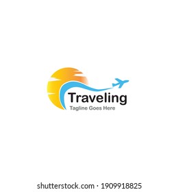 Travel logo icon design vector, 
Have a nice vacation at dusk, take a trip to see the beauty of the world.