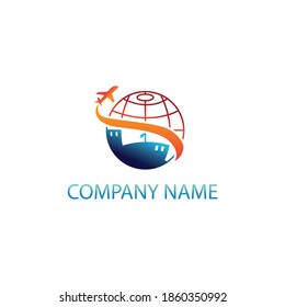 Travel logo illustration of global circle color, airplane vector design template