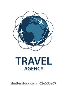 Imagem do logotipo de viagem com avião e terra. Ilustração vetorial
