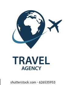 Imagen del logo de viaje con avión y tierra. Ilustración del vector