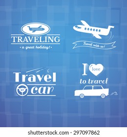 Travel logo and label set, typography design, trip and flight vector illustration on orange background
