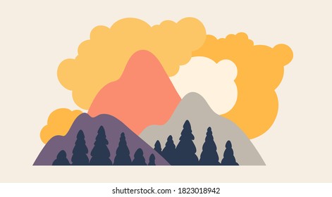 Travel logo. Landscape with mountains, forest and clouds. Vector illustration.