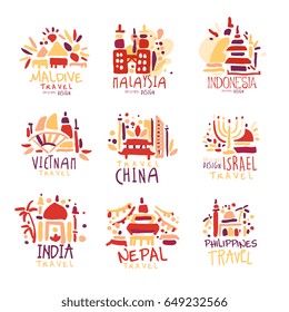 Travel logo. Maldives, Malaysia, Indonesia, Vietnam, China, Israel, India, Nepal, Filipinos set of colorful promo signs. Summer hand drawn vector Illustrations