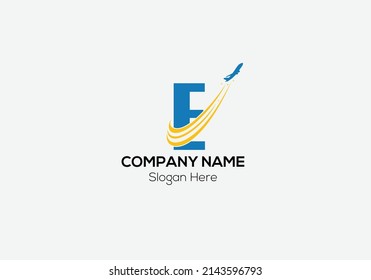 Logotipo De Viaje En La Plantilla Carta E. Logotipo De Viaje En Letra E, Plantilla De Concepto De Signos De Viaje Inicial