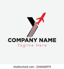 Travel Logo On Letter Y Template. Travel Logo On Y Letter, Initial Travel, Plane Sign Concept Template
