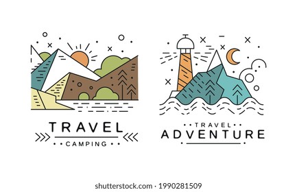 Travel Logo Original Design Set, Adventures and Camping Badges or Labels Cartoon Vector Illustration