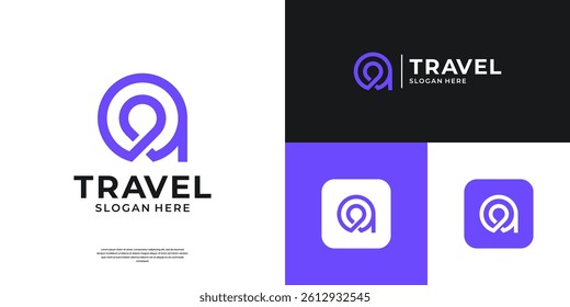 Travel logo with pin icon vector. Abstract letter A point logo design.